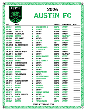 Austin FC 2026
 Printable Soccer Schedule - Pacific Times