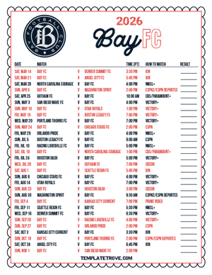 Bay FC 2026
 Printable Soccer Schedule - Pacific Times