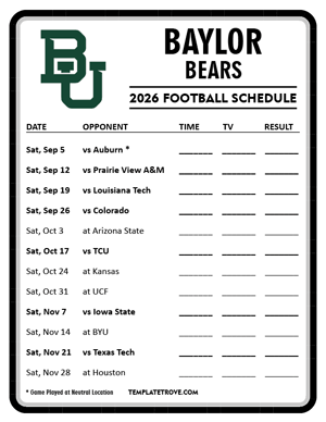 Baylor Bears Football 2026
 Printable Schedule - Style 4