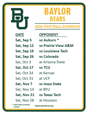 Baylor Bears Football 2026
 Printable Schedule