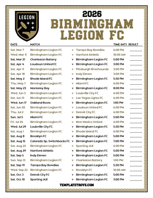 Birmingham Legion FC 2026
 Printable Soccer Schedule - Mountain Times