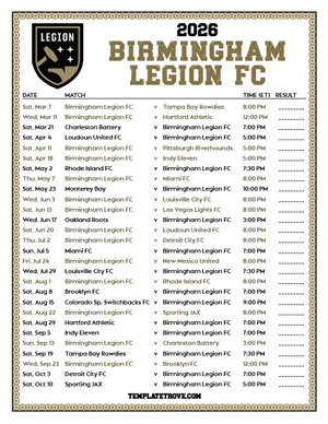 Birmingham Legion FC 2026
 Printable Soccer Schedule