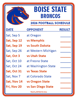 Boise State Broncos Football 2026
 Printable Schedule  - Style 2