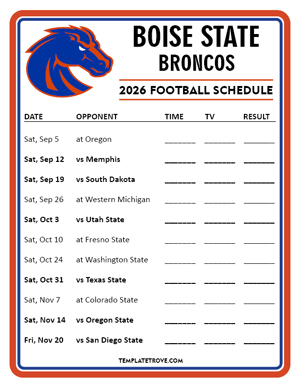 Boise State Broncos Football 2026
 Printable Schedule - Style 4