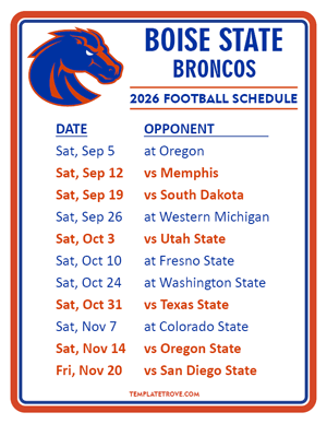 Boise State Broncos Football 2026
 Printable Schedule