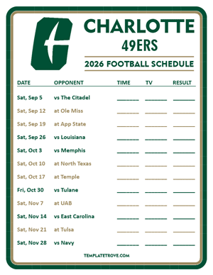 Charlotte 49ers
 Football 2026
 Printable Schedule - Style 3