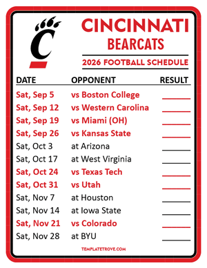 Cincinnati Bearcats Football 2026
 Printable Schedule  - Style 2