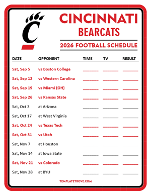 Cincinnati Bearcats Football 2026
 Printable Schedule - Style 3