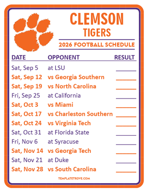Clemson Tigers Football 2026
 Printable Schedule  - Style 2