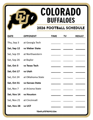 Colorado Buffaloes Football 2026
 Printable Schedule - Style 3