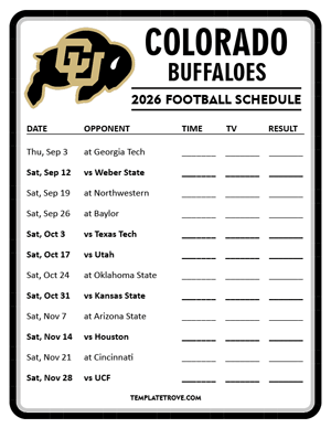 Colorado Buffaloes Football 2026
 Printable Schedule - Style 4