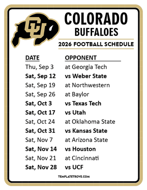 Colorado Buffaloes Football 2026
 Printable Schedule