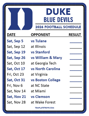 Duke Blue Devils Football 2026
 Printable Schedule  - Style 2