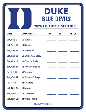 Duke Blue Devils Football 2026
 Printable Schedule - Style 3