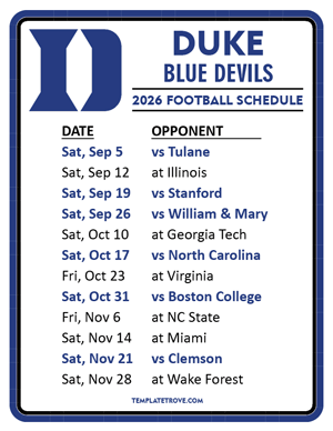 Duke Blue Devils Football 2026
 Printable Schedule
