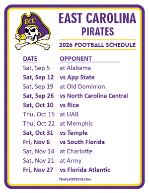 East Carolina Pirates Football 2026
 Printable Schedule