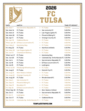   FC Tulsa 2026
 Printable Soccer Schedule - Pacific Times