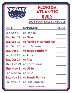 Florida Atlantic Owls

 Football 2026
 Printable Schedule  - Style 2