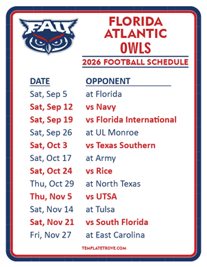 Florida Atlantic Owls

 Football 2026
 Printable Schedule