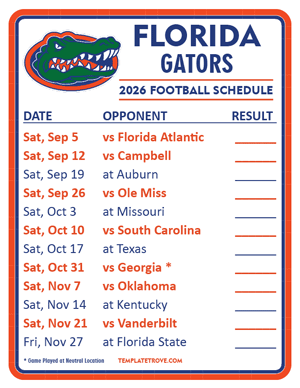 Florida Gators Football 2026
 Printable Schedule  - Style 2