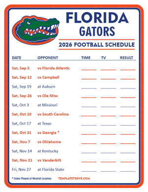Florida Gators Football 2026
 Printable Schedule - Style 3
