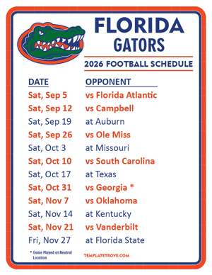 Florida Gators Football 2026
 Printable Schedule