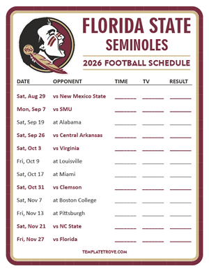 Florida State Seminoles Football 2026
 Printable Schedule - Style 3