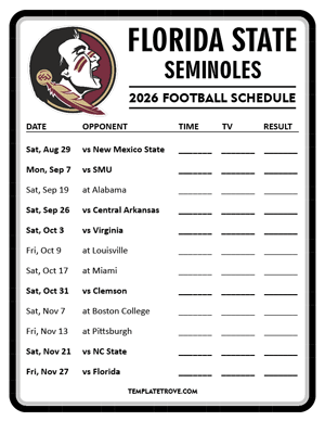 Florida State Seminoles Football 2026
 Printable Schedule - Style 4