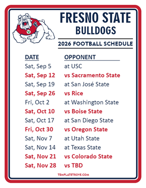 Fresno State Bulldogs Football 2026
 Printable Schedule