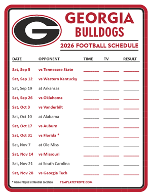 Georgia Bulldogs Football 2026
 Printable Schedule - Style 3