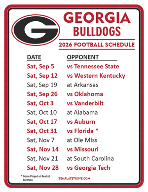 Georgia Bulldogs Football 2026
 Printable Schedule