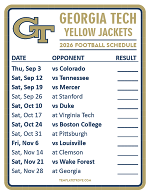 Georgia Tech Yellow Jackets Football 2026
 Printable Schedule  - Style 2
