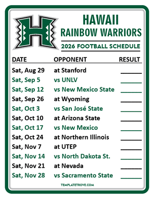 Hawaii Rainbow Warriors Football 2026
 Printable Schedule  - Style 2