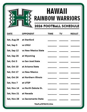 Hawaii Rainbow Warriors Football 2026
 Printable Schedule - Style 4