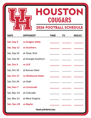 Houston Cougars Football 2026
 Printable Schedule - Style 3