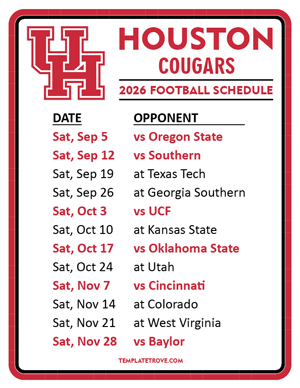 Houston Cougars Football 2026
 Printable Schedule