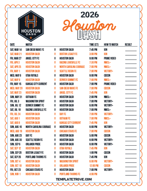 Houston Dash 2026
 Printable Soccer Schedule - Central Times