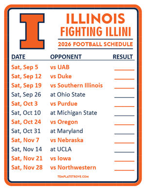 Illinois Fighting Illini Football 2026
 Printable Schedule  - Style 2