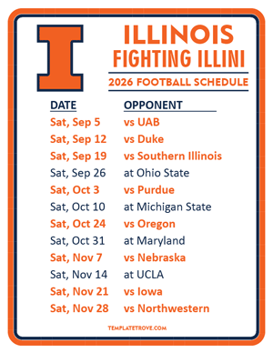 Illinois Fighting Illini Football 2026
 Printable Schedule