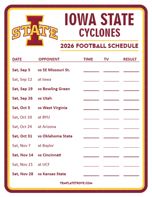 Iowa State Cyclones Football 2026
 Printable Schedule - Style 3