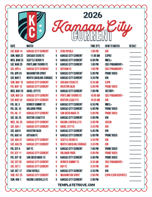 Kansas City Current 2026
 Printable Soccer Schedule - Pacific Times