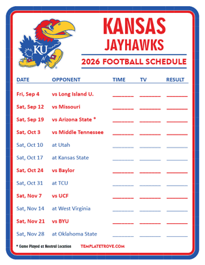 Kansas Jayhawks Football 2026
 Printable Schedule - Style 3
