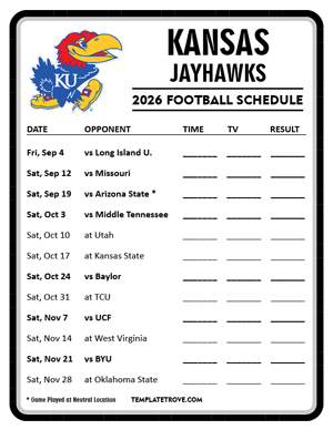 Kansas Jayhawks Football 2026
 Printable Schedule - Style 4