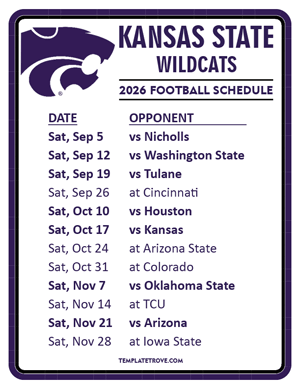 Kansas State Wildcats Football 2026
 Printable Schedule
