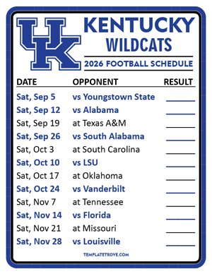 Kentucky Wildcats Football 2026
 Printable Schedule  - Style 2