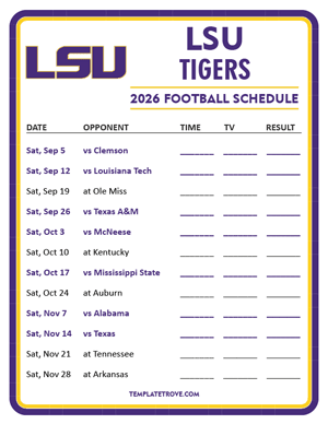 LSU Tigers Football 2026
 Printable Schedule - Style 3