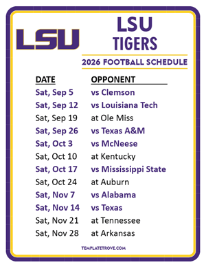 LSU Tigers Football 2026
 Printable Schedule