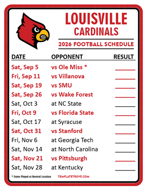 Louisville Cardinals Football 2026
 Printable Schedule  - Style 2