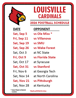 Louisville Cardinals Football 2026
 Printable Schedule