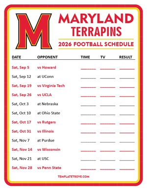 Maryland Terrapins Football 2026
 Printable Schedule - Style 3